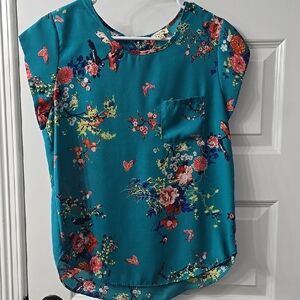 Floral Teal Blouse with Pocket